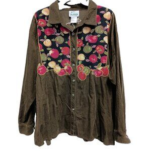 The Quacker Factory BOHO Shirt Womens 3X Olive Green Apple Print Corduroy